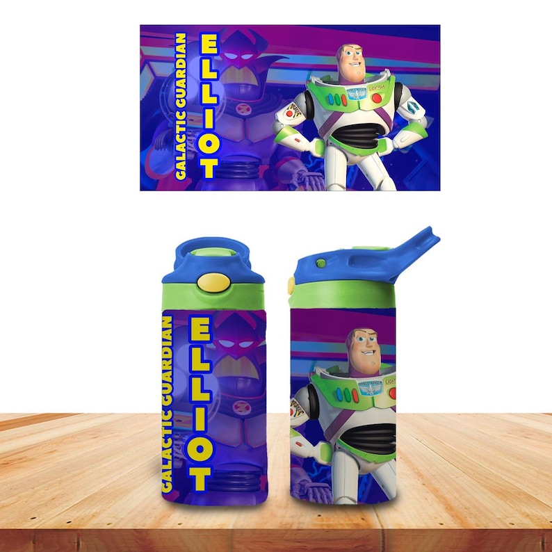 May include: A blue and green water bottle with a cartoon image of Buzz Lightyear. The bottle has the name "ELLIOT" in yellow letters and the words "GALACTIC GUARDIAN" in white letters. The bottle is made of plastic and has a blue lid.