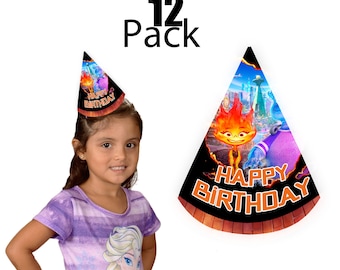 Elemental Birthday Party Hats | 12-Pack  | Elemental, Diseney Birthday Celebration Supplies | Customizable with Name and Age