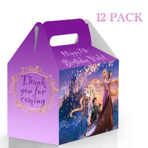 Boîte de bonbons Princesse Raiponce et Flynn Gable - Lot de 12 - 4,4 x 4,5 x 3 pouces - Personnalisable avec le nom et l'âge - Accessoires et accessoires de fête Princesses