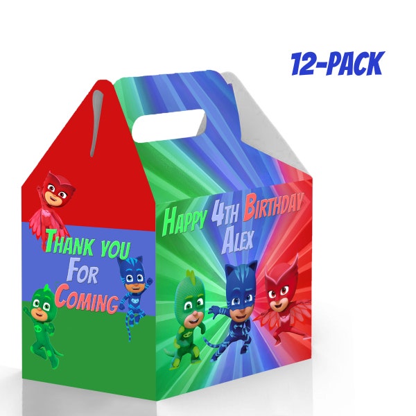 Pijama Mask Superheroes Gable Candy Box - 12Pack - 4.4x4.5x3in - Customizable with Name and Age | Birthday Party Boxes and Bags