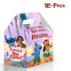 May include: A 12-pack of colorful party favor boxes featuring Stitch and Lilo from Disney's Lilo & Stitch. The boxes are decorated with a tropical sunset scene and the text "Happy 5th Birthday Maddie".