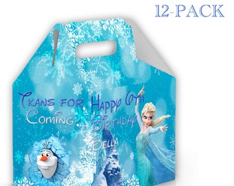 Caja de dulces Frozen Gable - Paquete de 12 - 11,4 x 11,4 x 7,6 cm - Personalizable con nombre y edad / Decoración y suministros para fiesta de Frozen