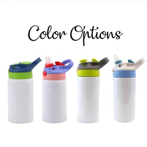 May include: Four white water bottles with colourful lids. The lids are blue, red, green, and blue, with matching coloured accents. The text "Color Options" is written in cursive above the bottles.