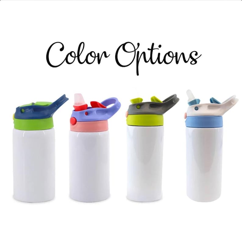 May include: Four white water bottles with colourful lids. The lids are blue, red, green, and blue, with matching coloured accents. The text "Color Options" is written in cursive above the bottles.