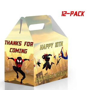Spiderman Birthday Gable Candy Box - 12Pack - 4.4x4.5x3in - Customizable with Name and Age – Spiderverse Birthday Party Favors and Supplies