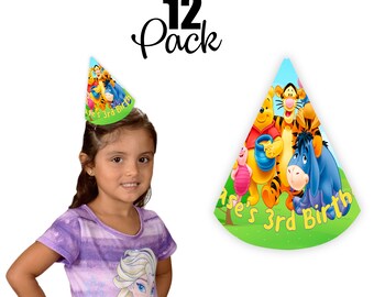 くまのプーさん 誕生日パーティーハット 子供用 - 12個パック - 名前と年齢をカスタマイズ可能 | くまのプーさん パーティー用品と記念品