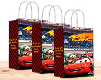Cars Gift Favor Bags with Handles | 12-Pack | Cars Lighting McQueen Party Supplies | Customizable with Name and Age