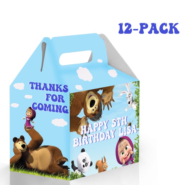Mash and The Bear Gable Candy Box - 12Pack - 4.4x4.5x3in - Customizable with Name and Age - Birthday Party Favors and Supplies for Kids