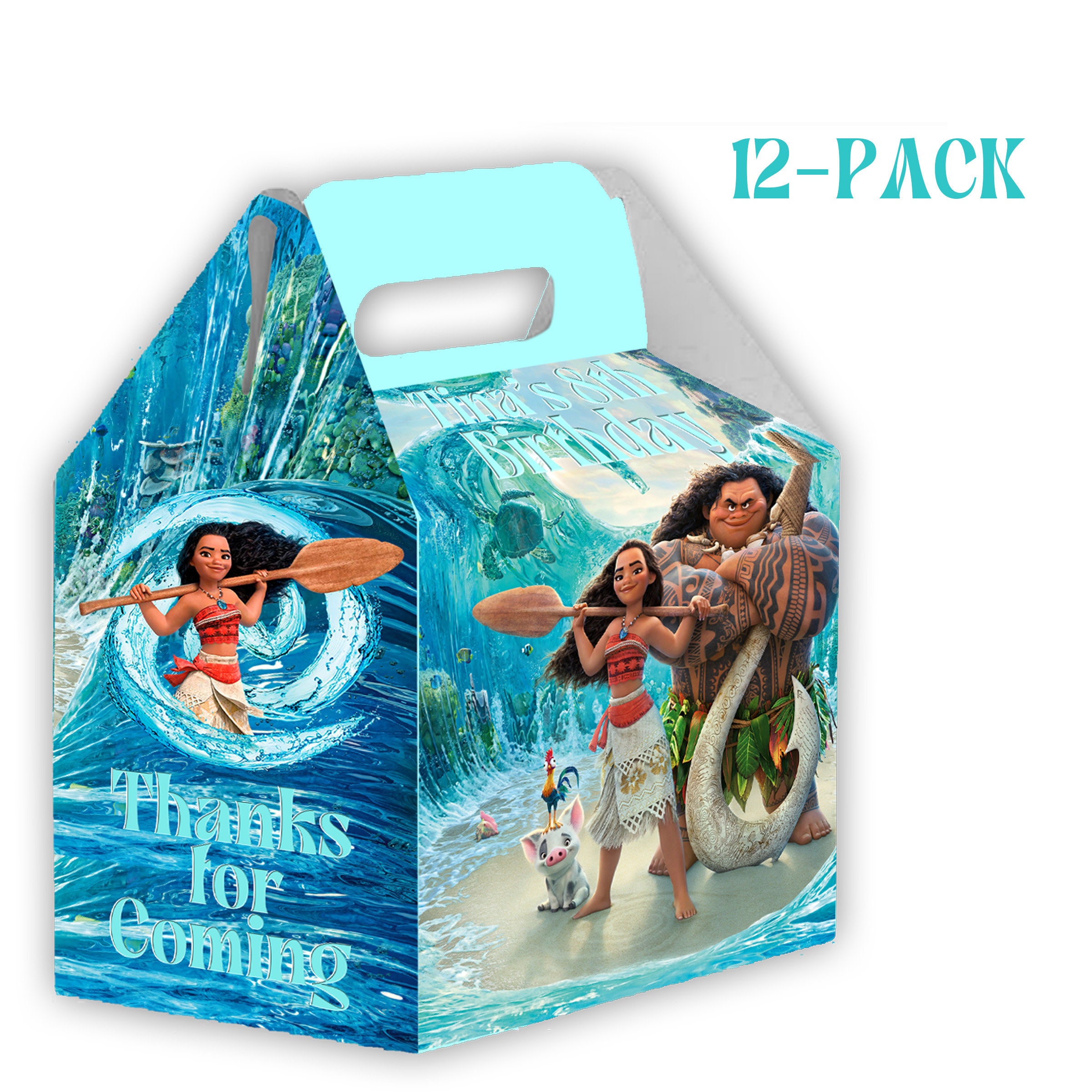 Moana Gable Candy Box - 12Pack - 4.4x4.5x3in - Customizable with Name and Age – Moana Party Favors and Supplies