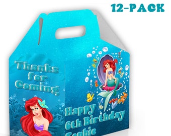 Caja de dulces de La Sirenita Gable - Paquete de 12 - 11,4 x 11,4 x 7,6 cm - Personalizable con nombre y edad - Recuerdos y artículos para fiestas de cumpleaños infantiles
