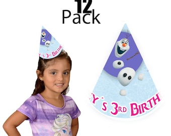 Olaf Birthday Party Hats | 12-Pack | Frozen, Olaf Birthday Decor and Supplies | Customizable with Name and Age