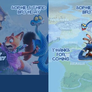 以下が含まれることがあります： 漫画のキャラクターが登場する2つの誕生日パーティーの招待状。1つはキツネとヘビ、もう1つはキツネとウサギです。「Sophie's Third Birthday」、「Enjoy the Party」、「Thanks for Coming」などのテキストが含まれています。