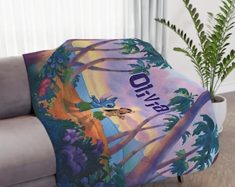 Manta de felpa de terciopelo personalizada de Lilo y Stitch con nombre, manta acogedora para niños, decoración de habitación infantil, decoración de habitación de Lilo y Stitch