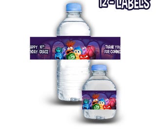Inside out 2 Bottle Water Waterproof Stickers - Customizable with Name and Age - 12Pack - bottles 16.9 and 8 fl oz - Ideal for Party Drinks