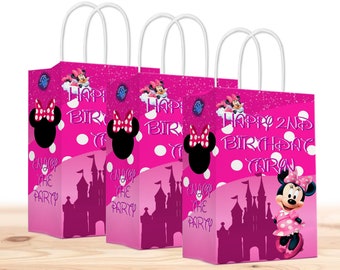 Bolsas de regalo de Minnie Mouse para niños (paquete de 12) personalizables con nombre y edad. Artículos para fiestas de cumpleaños de Minnie Mouse.