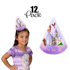 May include: A pack of 12 purple and gold party hats featuring a princess character, a castle, and the text "Katherine 4th Birthday".