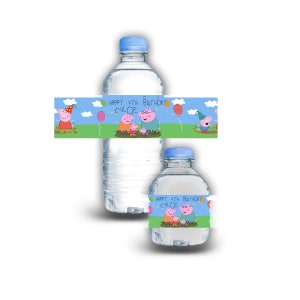 Pepa Pig Bottle Water Waterproof Stickers - Customizable with Name and Age - 12Pack - bottles 16.9 and 8 fl oz - Ideal for Kids Party Drinks