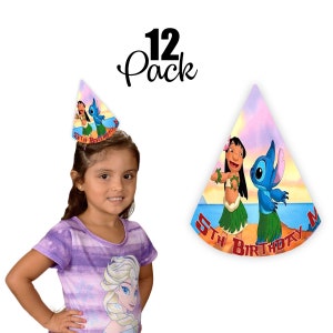 Lilo en Stitch verjaardagsfeestjehoeden voor kinderen - 12 stuks - Aanpasbaar met naam en leeftijd | Gepersonaliseerde kinderfeestartikelen en gunsten