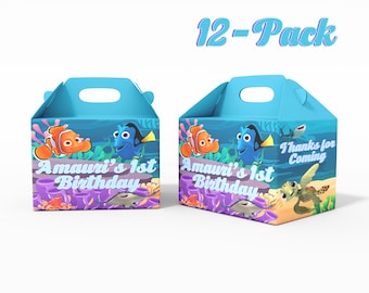 ファインディング・ニモとドリー・ゲーブルのキャンディボックス - 12個パック - 4.4x4.5x3インチ - 名前と年齢をカスタマイズ可能 - お子様の誕生日パーティーの記念品や用品