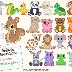 Clipart de animales - Ilustración de animales lindos - 30 pegatinas digitales de animales PNG, +30 páginas para colorear PNG Zoológico y animales de granja Estilo vintage