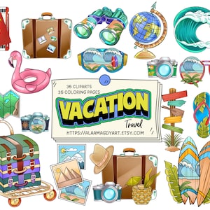 Puede incluir: Un conjunto de 35 imágenes de clipart coloridas con temática de vacaciones, que incluyen una maleta, un pasaporte, un mapa, gafas de sol, chanclas, una tabla de surf y mucho más. Las imágenes son perfectas para crear invitaciones, tarjetas, páginas de álbumes de recortes y otras manualidades. 35 páginas para colorear. Vacaciones Viaje. https://alaamagdyart.etsy.com