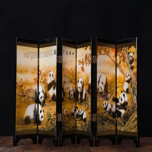 Chinese Table Top 6 Panel Folding Screen Decor Mini screens-Giant Panda - Treasure Map 030
