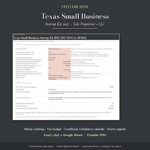 May include: A digital Texas Small Business Startup Kit 2027 document featuring a table with fields for business structure, tax permit status, and revenue. The layout includes sections for steps, results, and a roadmap for sole proprietors and LLCs.