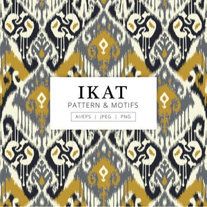 Può includere: Un motivo senza cuciture con un design ikat tradizionale in tonalità di grigio, nero, bianco e oro. Il motivo si ripete su tutta l'immagine. Il testo "IKAT PATTERN & MOTIFS AI/EPS | JPEG | PNG" è visualizzato in un rettangolo bianco al centro dell'immagine.