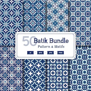 Può includere: Un set di 50 motivi e motivi batik blu e bianchi. I motivi sono geometrici e floreali. Il testo "50 Batik Bundle Pattern & Motifs" è visualizzato su uno stendardo bianco.