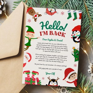 Aankomstbrief elf - briefsjabloon kerstman voor kinderen, kerstwenskaart, elf op een plank bewerkbare en afdrukbare kaart, kerstactiviteit