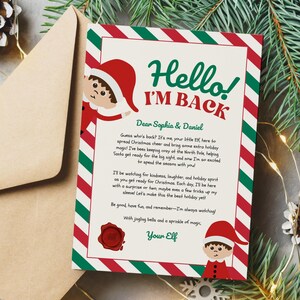 Aankomstbrief elf - briefsjabloon kerstman voor kinderen, kerstwenskaart, elf op een plank bewerkbare en afdrukbare kaart, kerstactiviteit