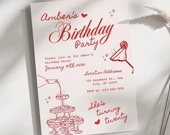 Birthday Invite - Invitation Template, 18th, 21st, and 25th Birthday Party, Editable Aesthetic Invite, Retro red and white, Bday