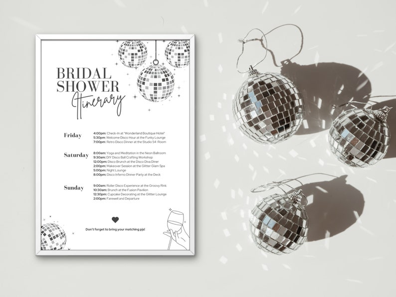 Disco Bridal Shower Itinerary Template, Disco Birthday Party, 70s Disco Party, Bachelorette Itinerary, Silver Glitter Itinerary, Printable image 2