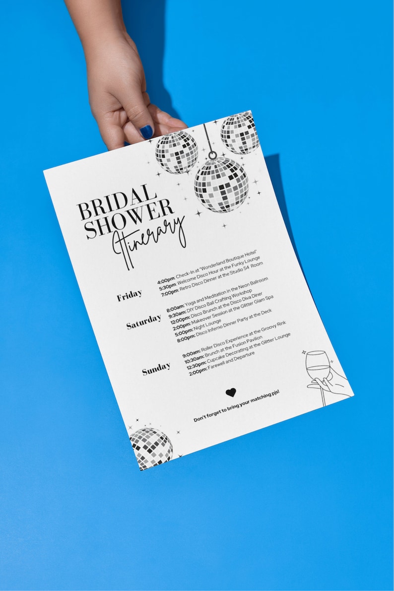 Disco Bridal Shower Itinerary Template, Disco Birthday Party, 70s Disco Party, Bachelorette Itinerary, Silver Glitter Itinerary, Printable image 7