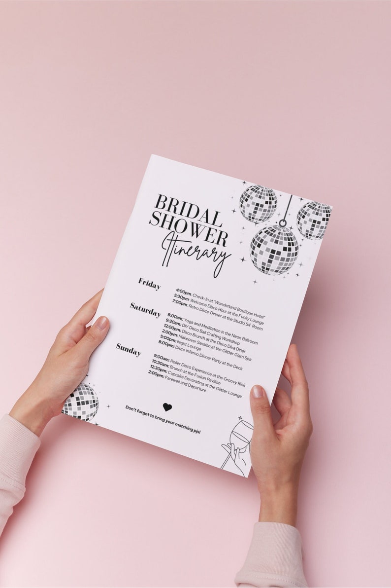 Disco Bridal Shower Itinerary Template, Disco Birthday Party, 70s Disco Party, Bachelorette Itinerary, Silver Glitter Itinerary, Printable image 1