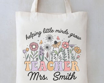 Floral Teacher Tote Bag, Teacher Appreciation Thank You Gift Ideas, Personalized Teacher Name Bag, Custom Elementary School Teacher Bag