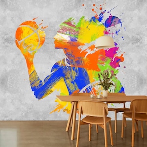 Carta da parati murale colorata con giocatore di basket, staccabile e adesiva, arte astratta di un atleta, decalcomania rimovibile in tessuto non tessuto per palestra o camera da letto per adolescenti.