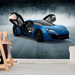 Blau Sportwagen Tapete Rennauto Wandbild entfernbarer Druck Wandbild Motor Spielzimmer Supersportwagen Wandkunst Wohnzimmer Wand selbstklebend
