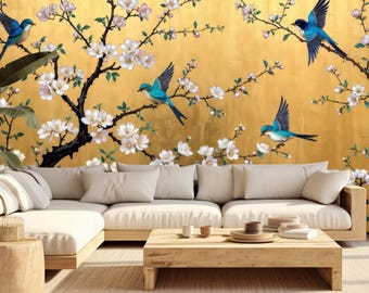 Chinoiserie Bird Wallpaper Mural Floral Asian Wall Decor Custom Statement Wallpaper