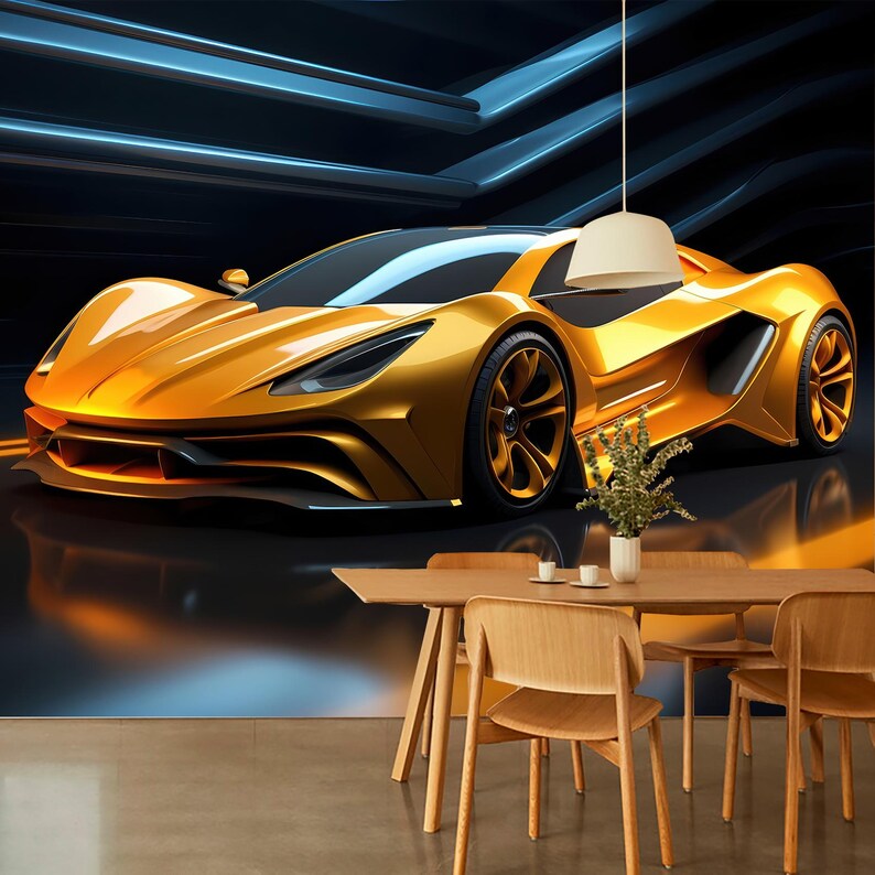 Yellow Sport Car Wallpaper Playroom Wall Decal Garage Mural Race Car ...