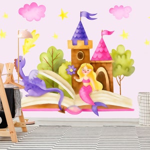 Fairy Princess And Dragon Wallpaper Removable Mural for Kids Room Magical Wall Decor Nursery Peel & Stick Girl Playroom Print Nursery Gift