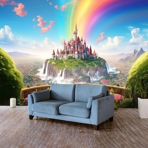 Fantasy Castle and Rainbow  Mural Cartoon Landscape Wallpaper Mountain Decal Removable Print for Nursery Childrens Room Decor Fairy Wall Art