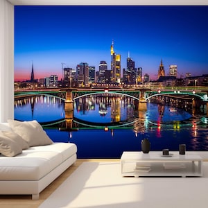 Frankfurt Cityscape Peel and Stick Wallpaper – Night Skyline Mural, Removable Wall Art, Modern Urban Decor for Bedroom or Office home décor