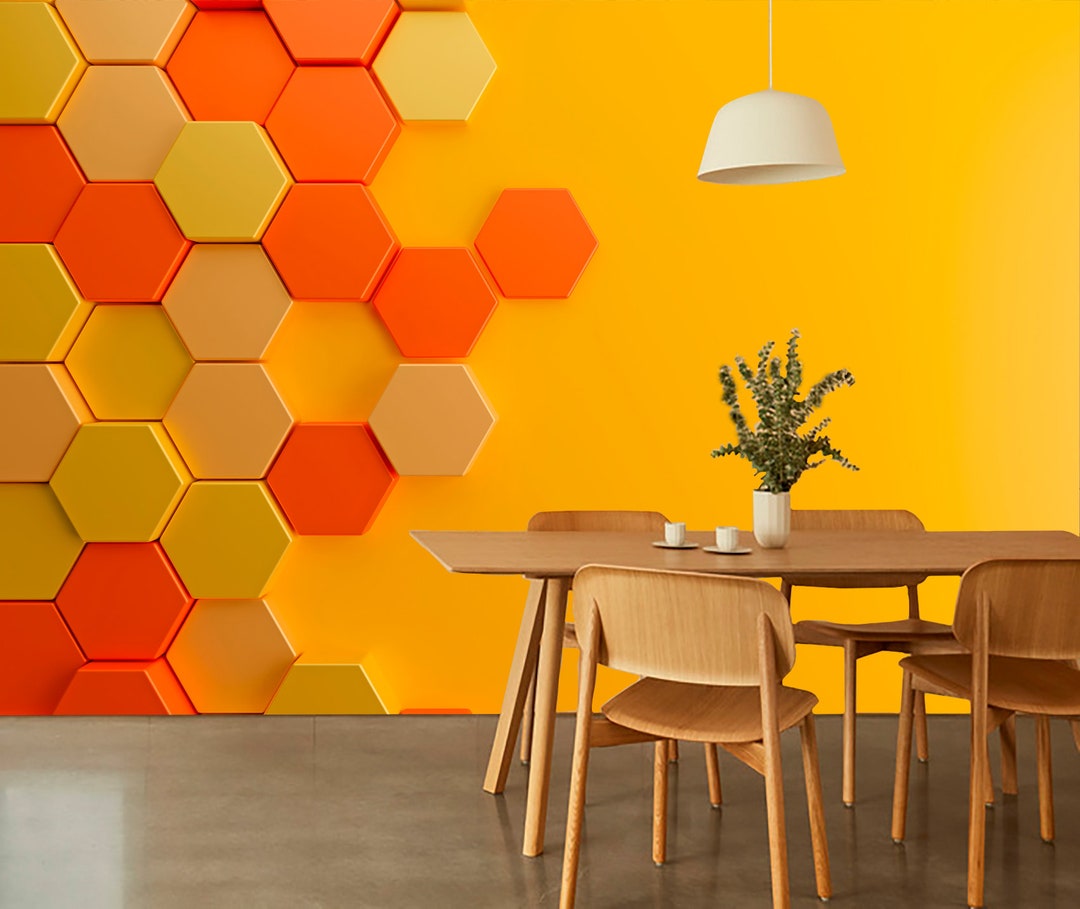Yellow Hexagonal Wallpaper Cube Wall Mural Abstract Geometric Print ...