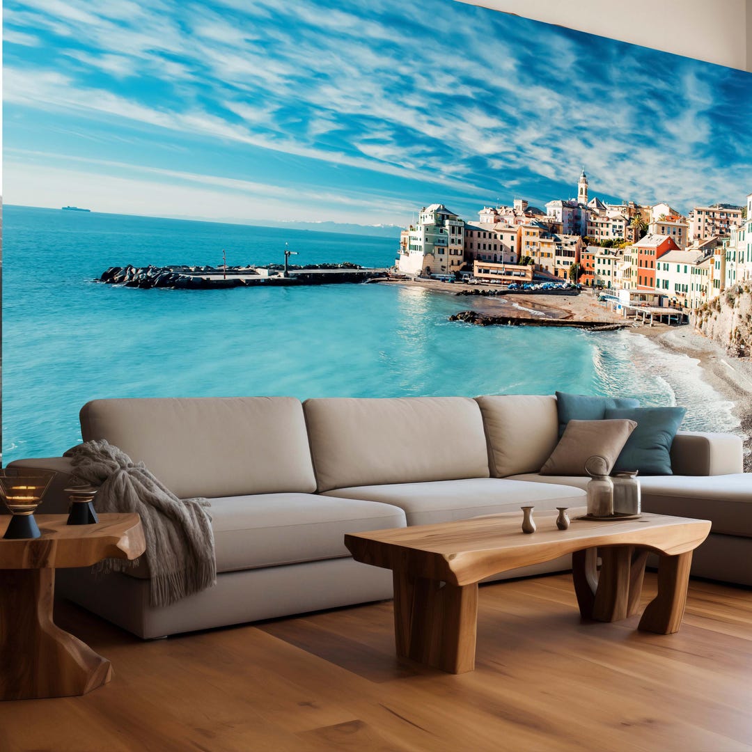 Italian Coastal Village Wallpaper Mural, Mediterranean Sea View Wall ...