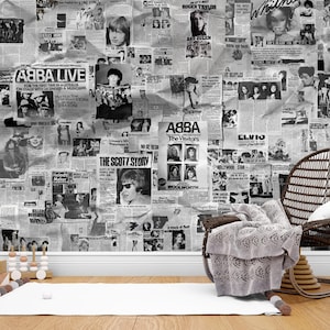 Carta da parati rock e pop, stacca e attacca vecchi giornali, murale, articoli di giornale, arte, collage rimovibile, illustrazione, decorazione per camera da letto