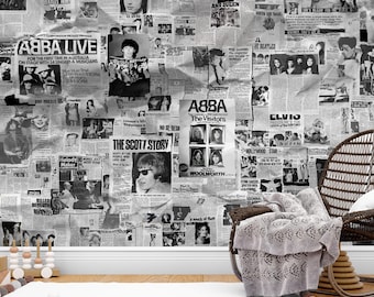 Rock and Pop Music Wallpaper Peel & Stick Old Newspaper Mural Newspaper Articles Art Removable Collage Journal Illustration Bedroom Décor