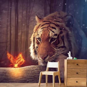 Tiger Peel and Stick Wallpaper – Fantasy Jungle Animal Mural, Removable Wall Art for Bedroom, Wildlife Forest Decor, Magic Glow Butterfly