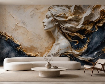Elegant Abstract Woman Wallpaper Peel and Stick, Luxury Gold Accent Wall Mural, Modern Feminine Contemporary Art, Non Woven Wall Covering