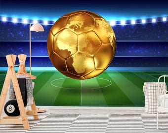 Soccer Ball on Field Wall Decal Wallpaper Peel & Stick Boy Playroom Decor Stadium Kids Room Removable Football Print Mural Sport Gift Art